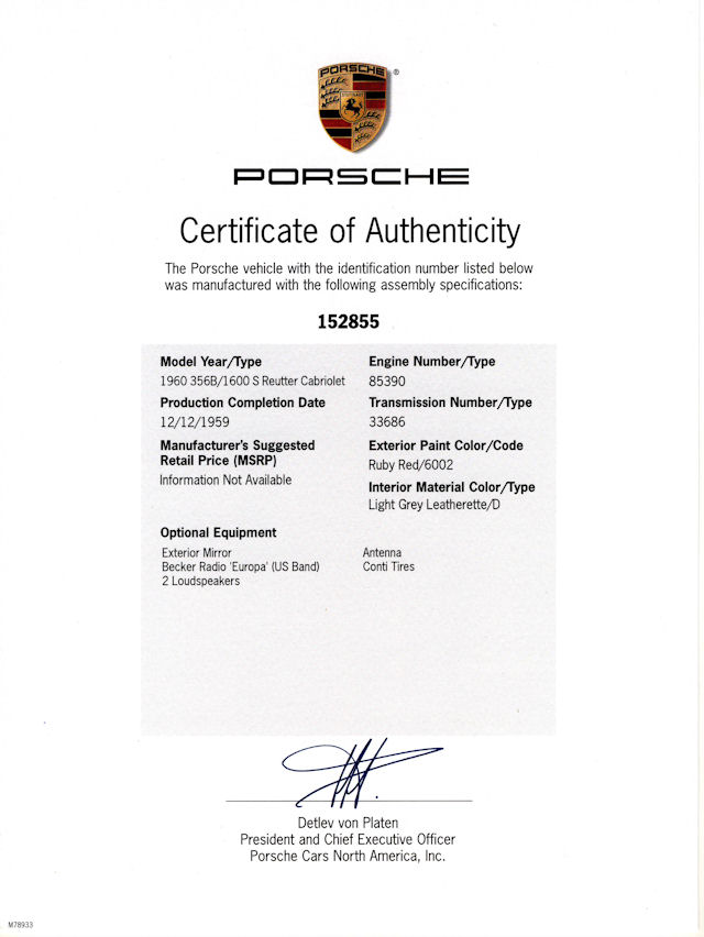 Porsche Certificate of Authenticity