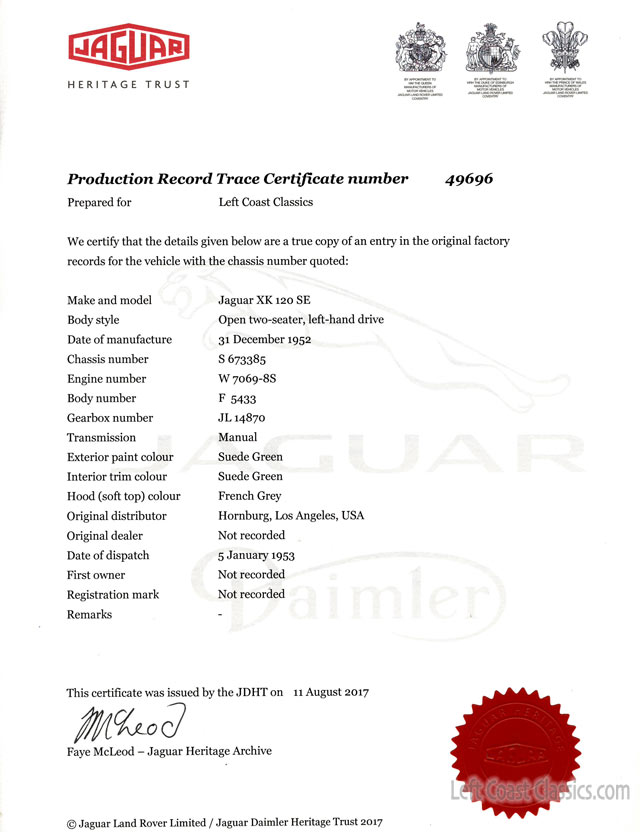 1953 Jaguar XK120 Heritage Certificate