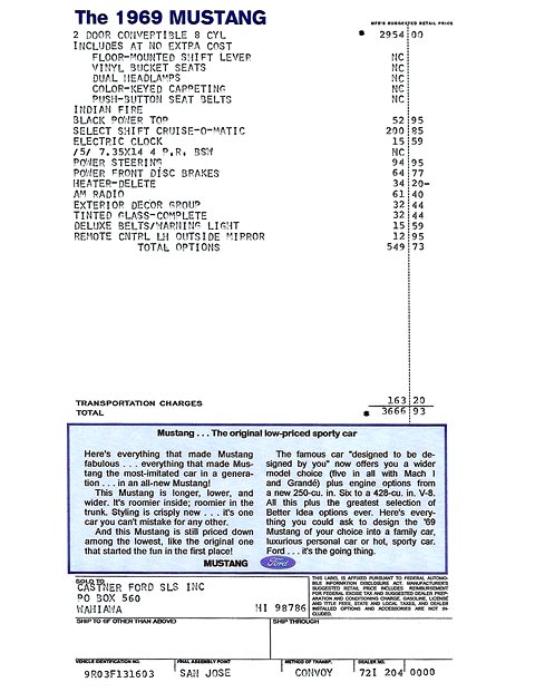 1969 Ford Mustang window sticker