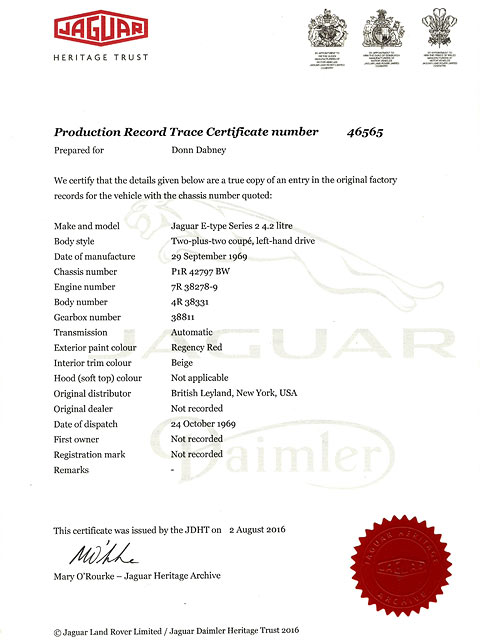 Jaguar Heritage Trust Certificate