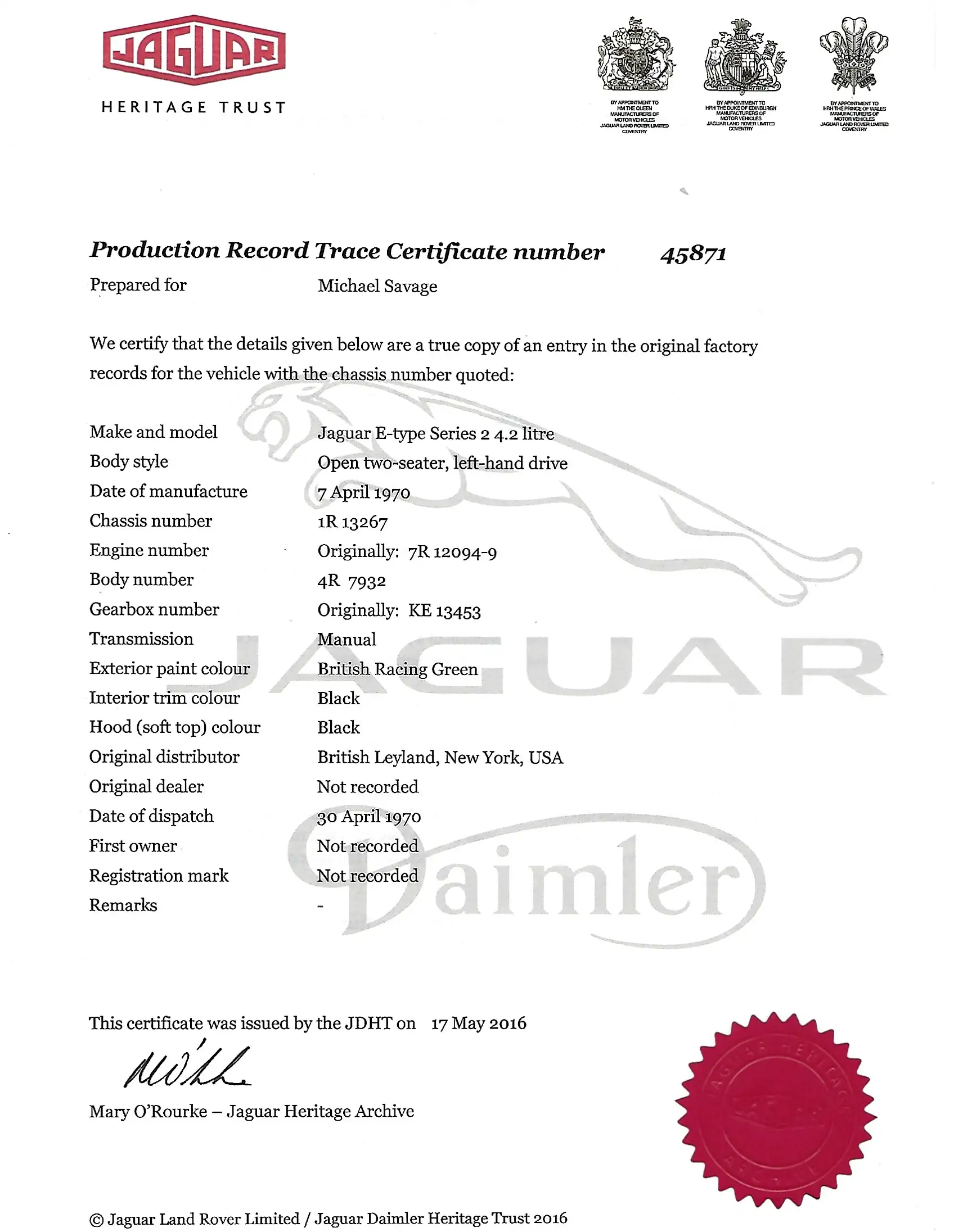 1970 Jaguar XKE Heritage Trust Certified